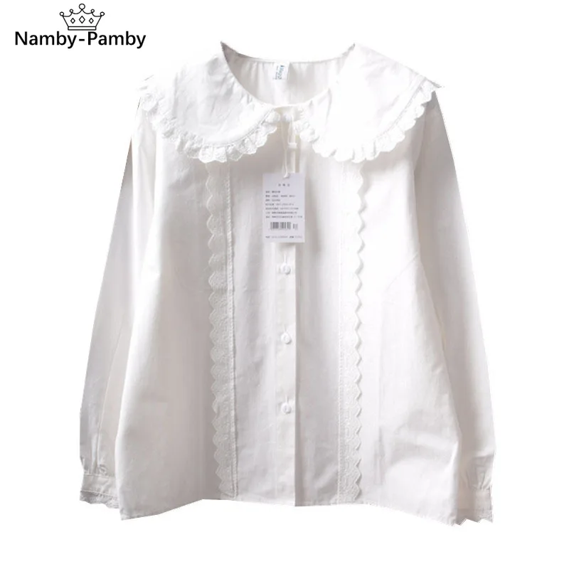 

Japanese Soft Girl Sen Female Small Fresh Lace Stitching Doll Collar Loose Cotton Long-Sleeved White Shirt Top Mori Girl