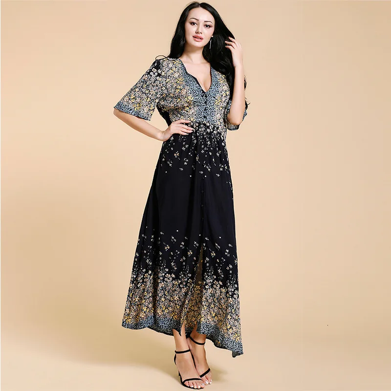 Летнее женское богемное платье с цветочным принтом и коротким рукавом