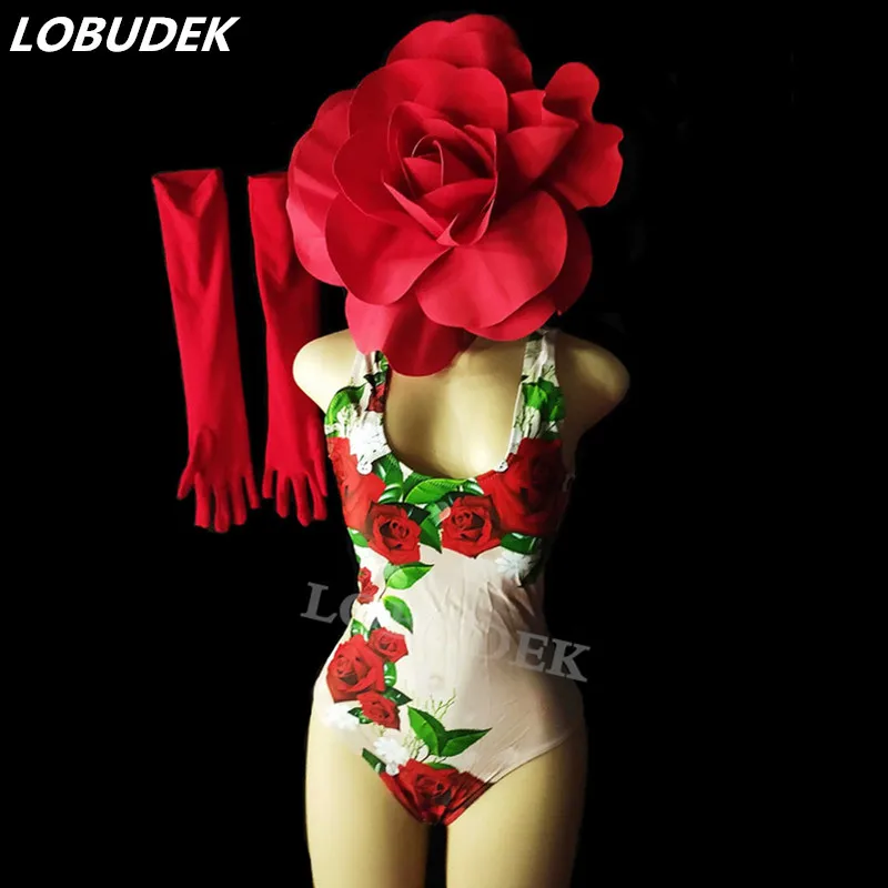 Red Rose Big Headdress Printed Bodysuit+Gloves DJ Singer Stage Wear Valentine's Day Dance Costume Nightclub Party Dance Outfit