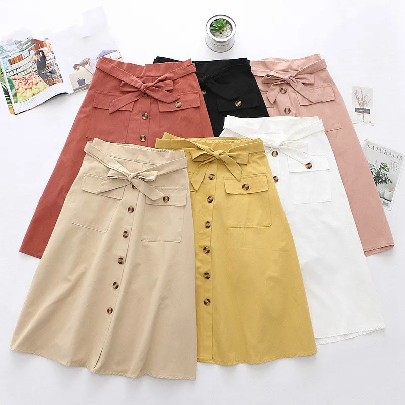 

Midi Skirt Women Peonfly for Spring Summer Fashion Ladies Korean Single-breasted White Black High Waist Skirt Female Yellow