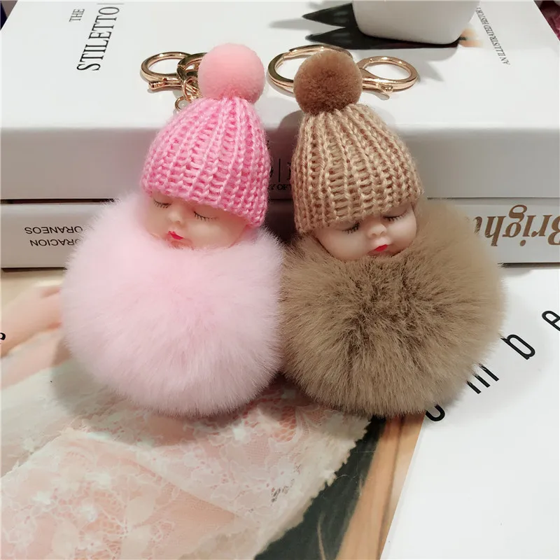

1pc Sleeping Baby Doll Pompoms Keychain Soft Fur Ball Pom Pom Key Chains Woman Bag Jewelry Accessories Plush Keychain Kawaii