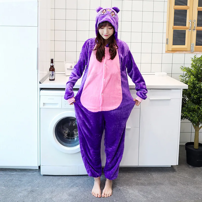 Unisex Kigurumi Adults Animal Pajamas Anime Onesie Purple Cat Flannel Cartoon Cute Warm Cosplay Sleepwear