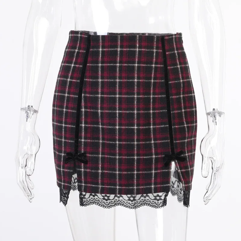 

2021 New Retro Streetwear Red Plaid Skirt Y2K Bows Chic Lace Trim Slit Skirts Goth Punk Bodycon High Waist Skirts Sexy Club Wear