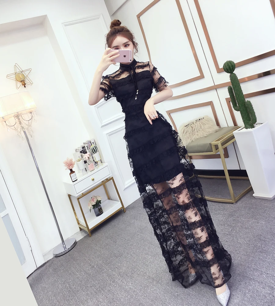 

2021 Fashion Runway Summer Women Dress Lace Cake Dress Star Print Short Sleeve Female Party Dress Robe Boho Sexy vestidos