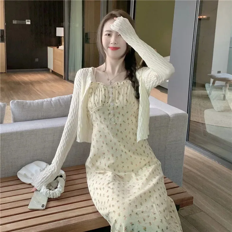

Soft Floral Dresses Solid Knitted Cardigan Tops Summer Long Skirt Casual Dress Suit Women Korean Y2k 2 Pieces Set Kawaii Clothes