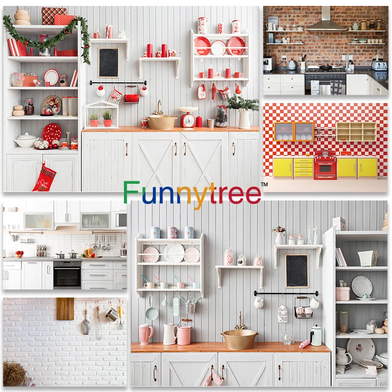 Фон для детской фотосъемки с изображением рождественской елки и кухонного