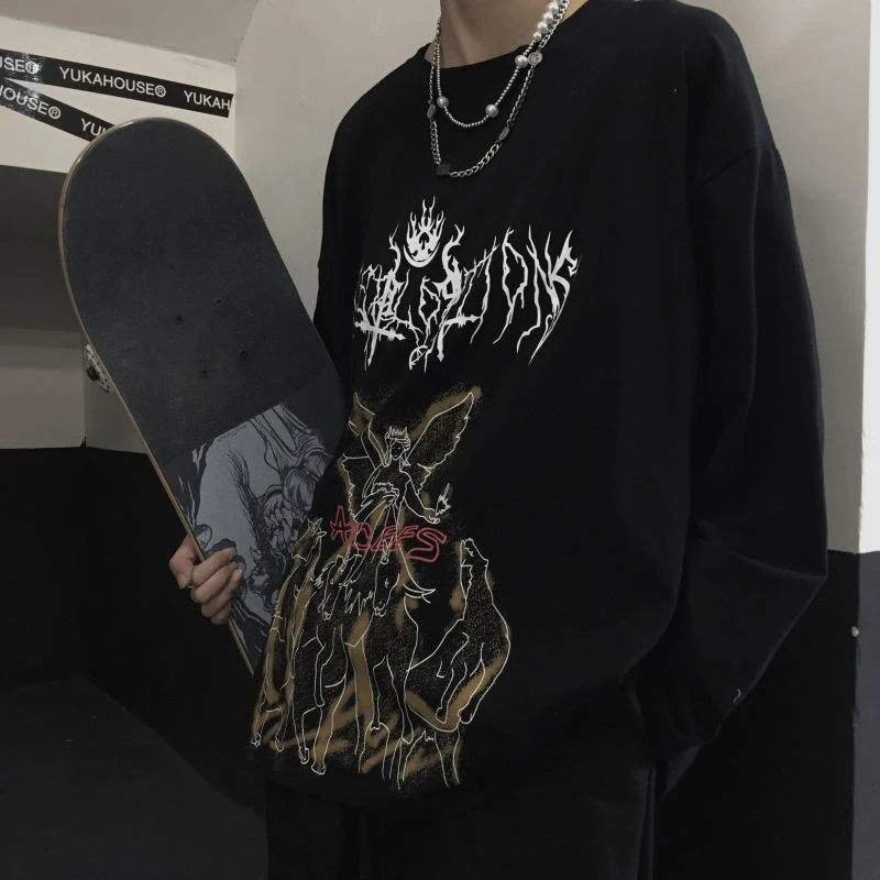 Футболка мужская с длинным рукавом готическая ретро-футболка принтом граффити