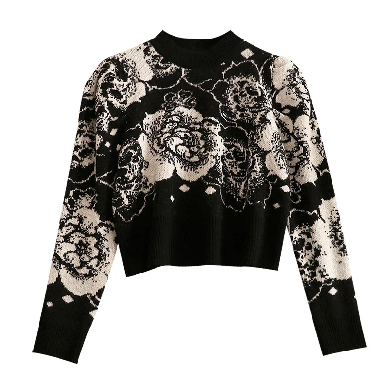 

2021 Autumn and Winter New Casual Knitted Sweater Women Black Round Neck Printing Loose Pullover Short Top Knitwear