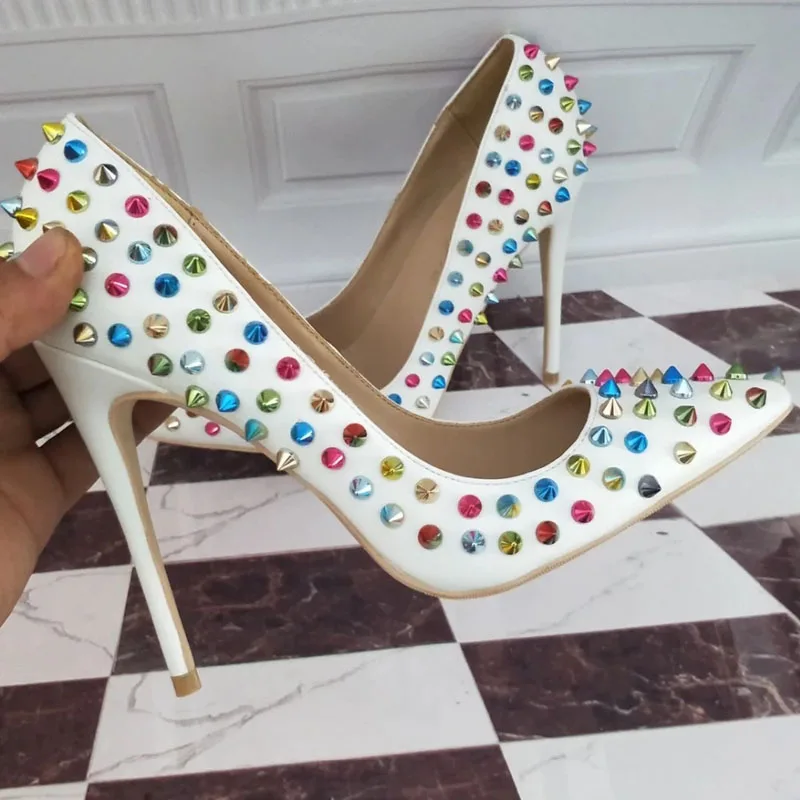 Multicolor Rivets Pumps Sexy Metal Spikes High Heel Shoes Pointed Toe Slip On Thin Heel Runway White Leather Studs Pumps