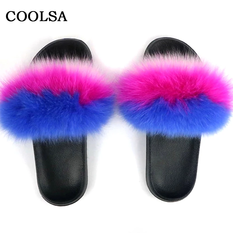 mixed color C Coolsa/летние женские шлепанцы из лисьего меха; шлепанцы без задника с натуральным мехом; женские домашние Вьетнамки; повседневные сандалии с мехом; модная пушистая плюшевая обувь - Цвет: mixed color C