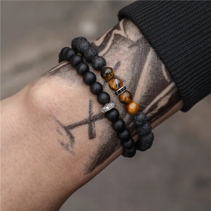 

2 Pcs/set Men Bracelets 6mm Black Onyx Stone Beads Tiger Eye Bracelets Charm Bangle For Homme Jewelry Fashion Gift