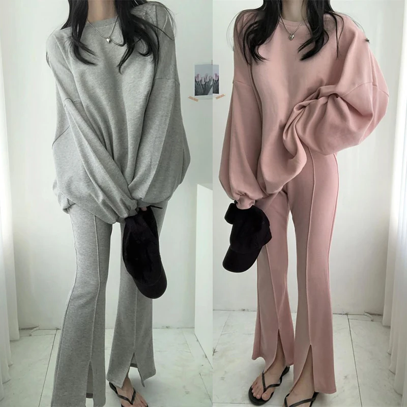 

Pinkou Women Stylish Sweatshirt Suit Tracksuits Long Sleeve Pullover Split Pants Two Piece Set Solid Chic Suits TZ130