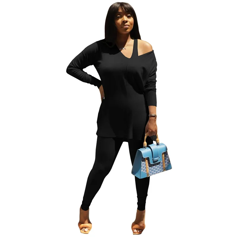 

Tracksuit Women Two Piece Set Fashion Autumn Winter Fleece Casual Outfits V-Neck One Shoulder Full Sleeve Top Pencil Pants Suits