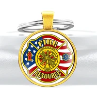 classic american flag fire rescue glass cabochon metal pendant key chain fashion men women key ring jewelry gifts keychains