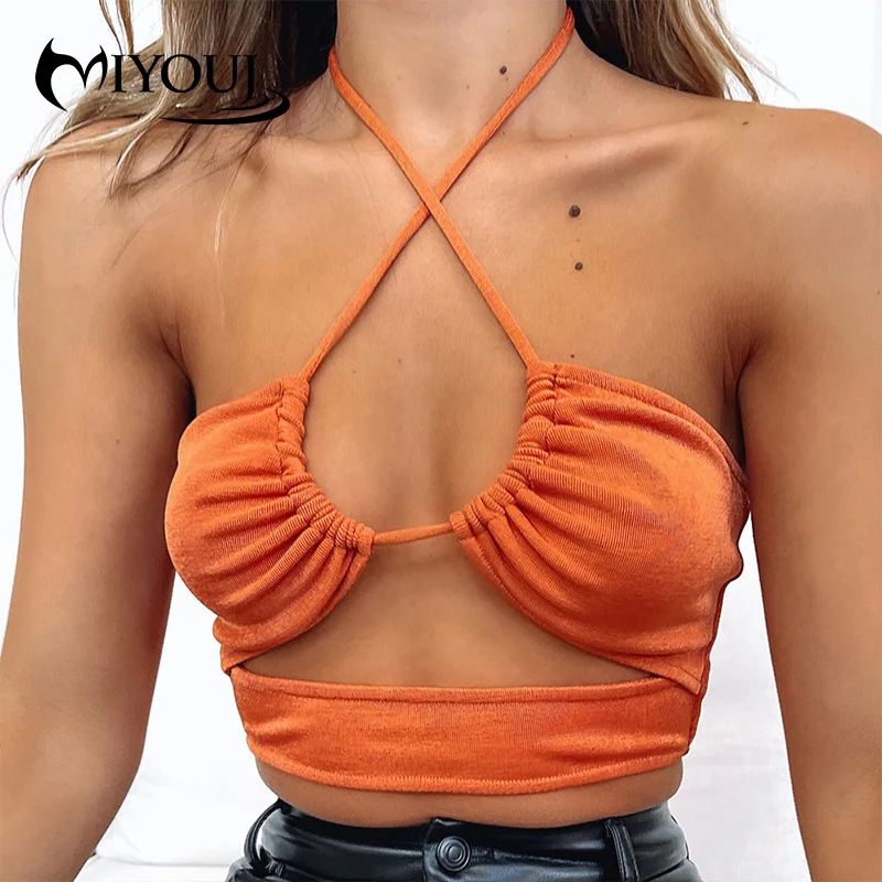 

MIYOUJ Halter Tops Women Clothes Backless Folds Bandage Crop Top Summer Blouse Female Vest Sexy Black Cut Out Street Wear