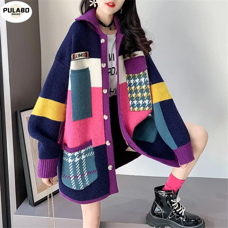 

Женский длинный кардиган на пуговицах, кардиган оверсайз с контрастным принтом и карманами, уличная куртка для осени и зимы, 2021