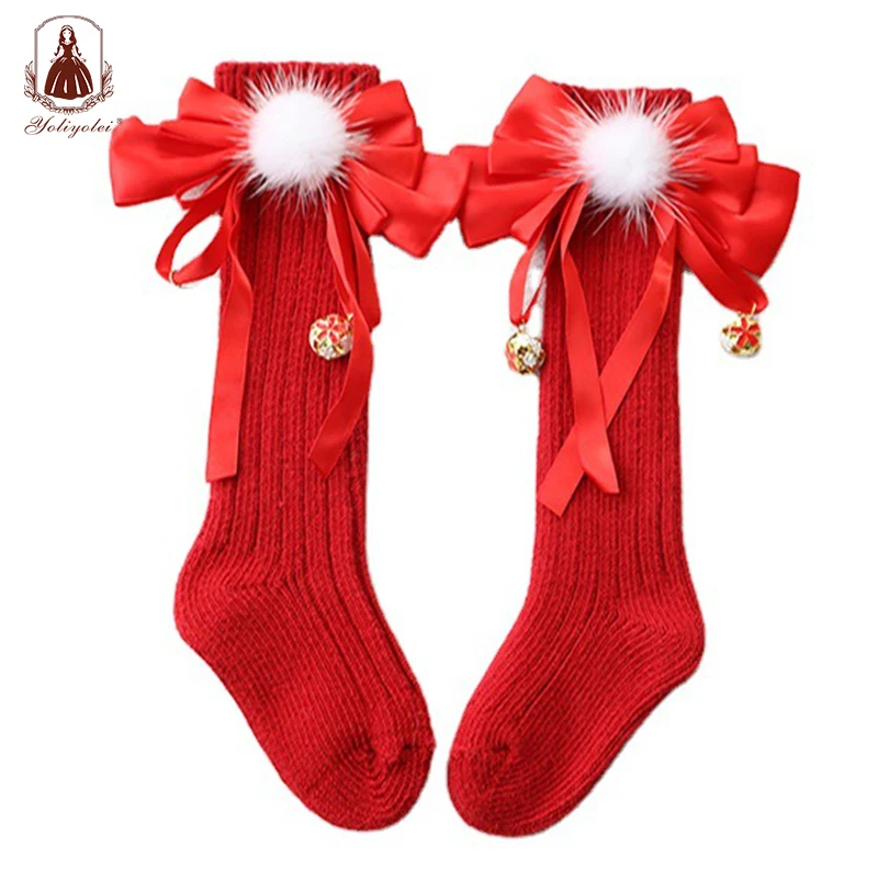 

Yoliyolei Ball Bells baby girl Socks Bow Spring Autumn Newborn Kids For Christmas Winter Non-slip Cotton Princess Knee High Long