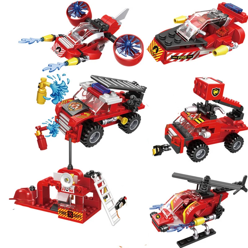 

387PCS 6 IN 1 Fire Fighting Trucks Building Blocks Helicopter Boat City Firefighter Firemen Action Figure Kid Bricks Puzzle Toys