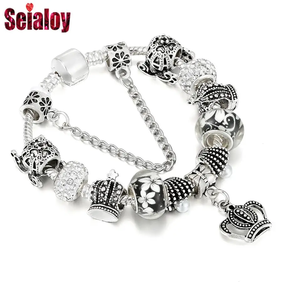 

Seialoy Silver Color Crown Charm Bracelets For Women Original Pumpkin Wagon Flower Bead Bracelet Bangle Fashion Jewelry Gift