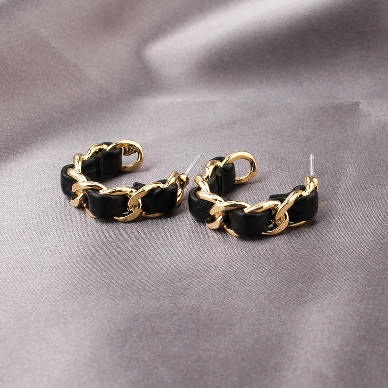 TIMEONLY-pendientes de cuero negro con cadena trenzada para mujer, aretes de aro abierto con