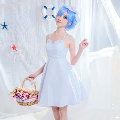 

Hight Quality Anime Re:Life in a different world from zero Rem Lace-up Dress Woman Cosplay Costume Dress + Hat