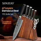 Набор профессиональных кухонных ножей из дамасской стали XINZUO, 7 шт., держатель кухонных ножей из акации, Подарочный инструмент для нарезки сантоку