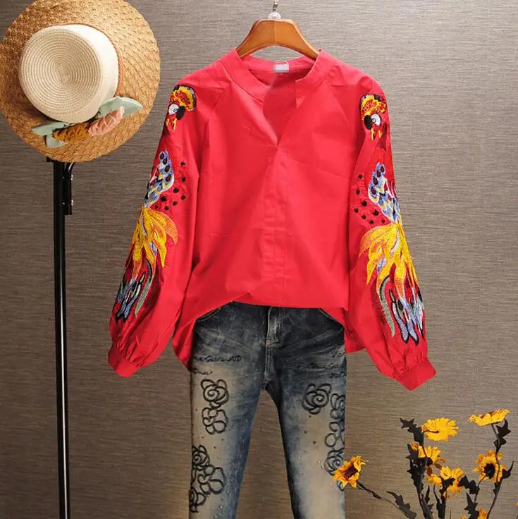 Женская весенне-осенняя хлопковая рубашка с вышивкой Феникс винтажная Свободная