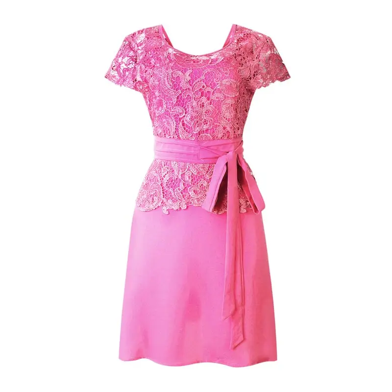 Pink MISSJOY Лето Новое Открытое платье одежда O-Neck вечерние однотонные Цвет Лоскутная повязка, кружева, шифон, для работы в офисе, женское платье элегантное платье - Цвет: Pink