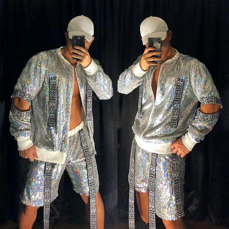 Shiny Silver Men'S Set Sequins Jacket Pants Rave Outfits Men Nightclub Dj Tide Hip Hop Rock Stage Performance Clothes XS2313