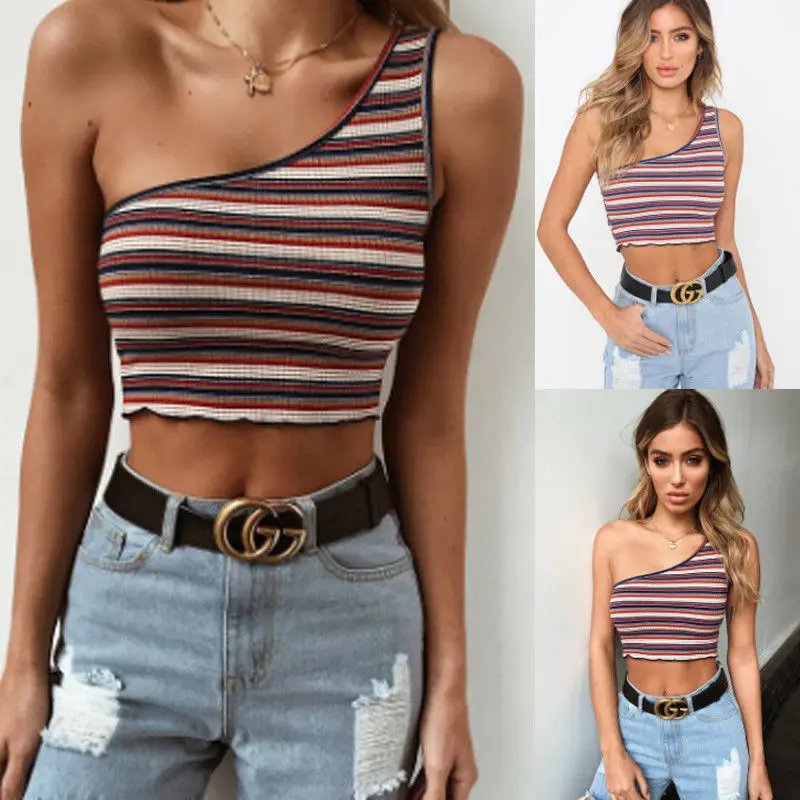 Женская летняя модная повседневная майка на одно плечо Пляжная с короткими