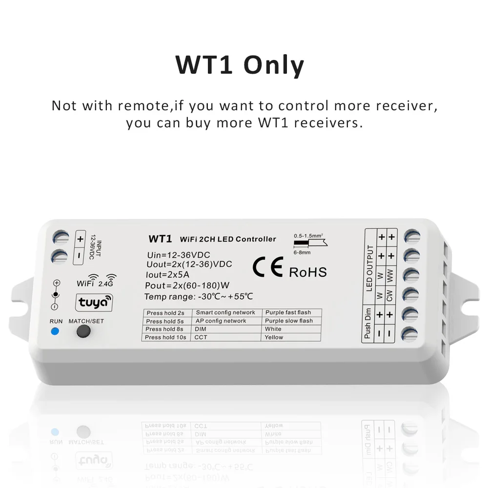 

Диммер MJJC-WT1 Tuya 12/24/36В 2 канала 10А