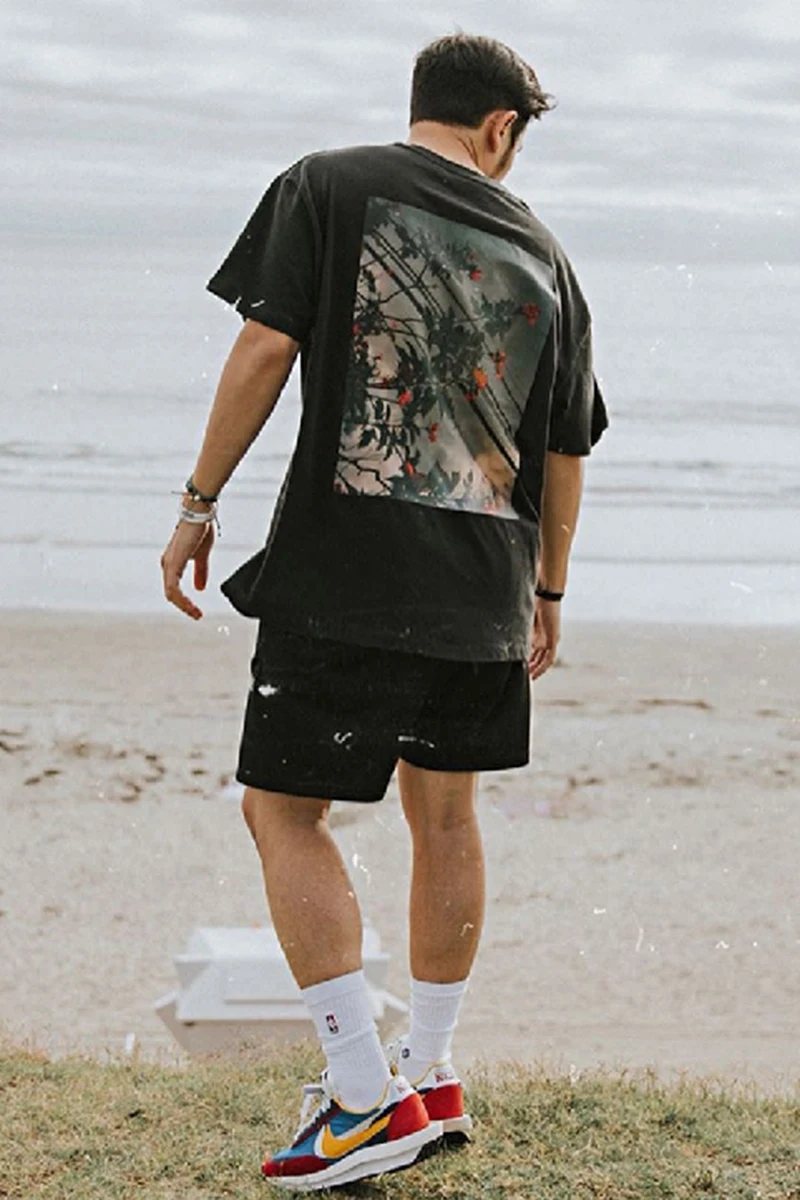 

European and American FOG ESSENTIALS flower photo short-sleeved T-shirt men and women summer couple loose high street