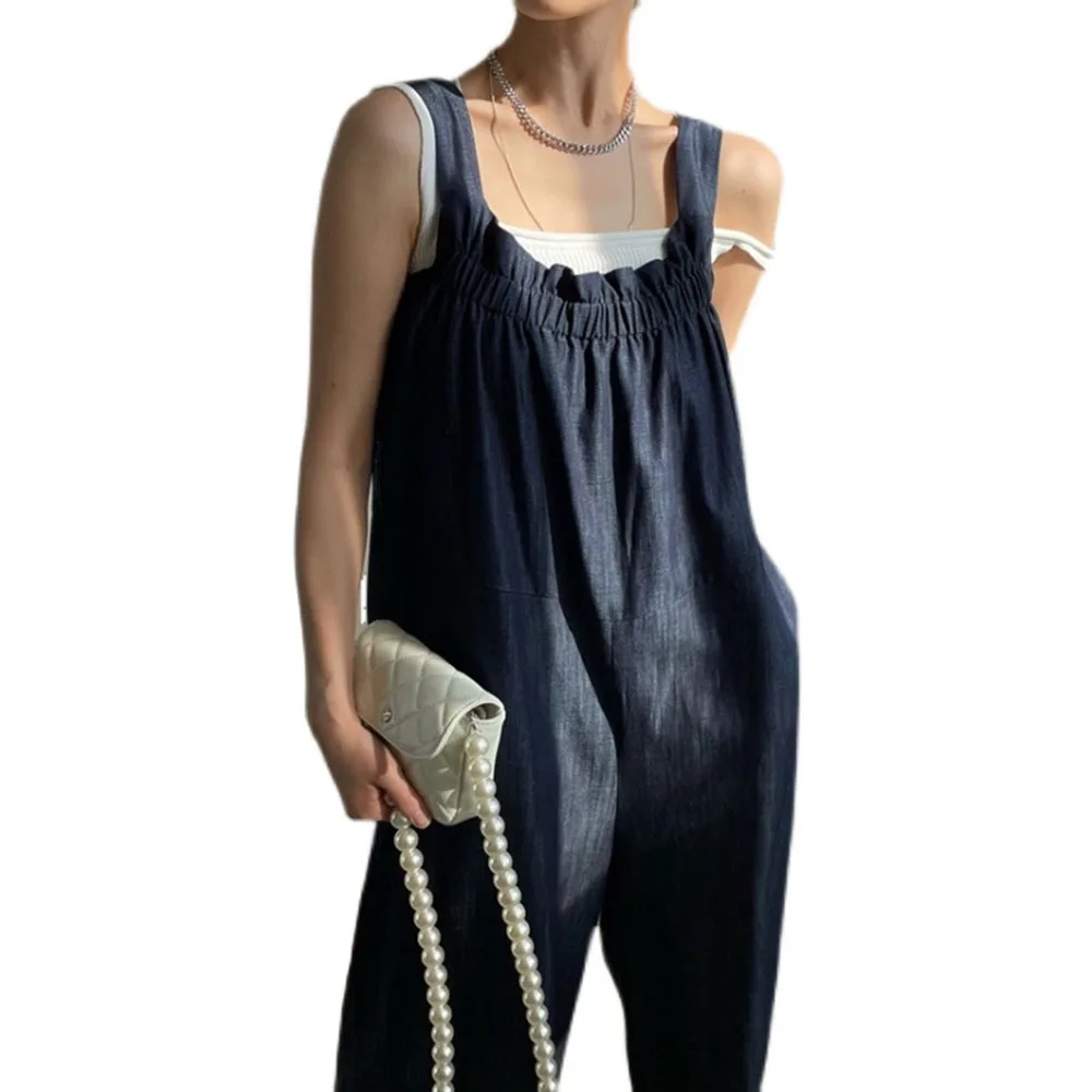 

Korean Fashion Folds Lace Solid Color Solid Color Casual Jumpsuit 2021 Summer New Simplicity Pocket Sleeveless Japanese Style