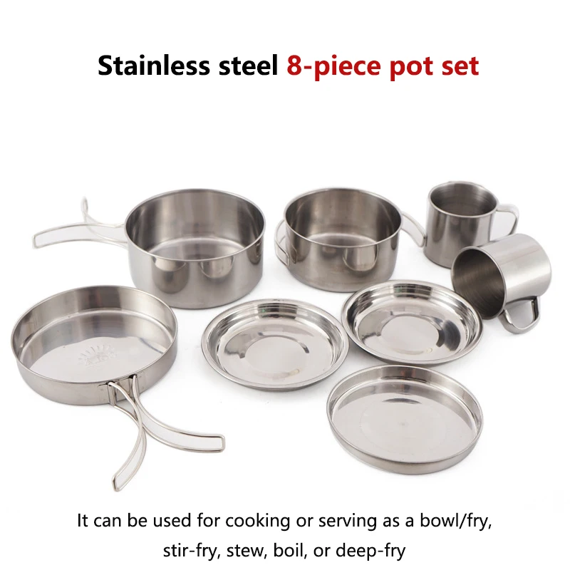 

Outdoor Stainless Steel 8-Piece Cookware Mountaineering Camping Portable Bowl BBQ Cookware 3-4 People Folding Combination Set