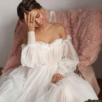 off shoulder boho puffy sleeve wedding dresses dot tulle bohemian open back long sleeved bride gown princess simple tulle beach