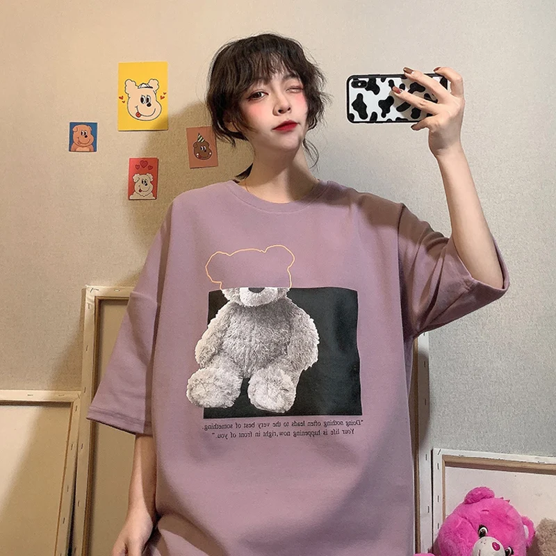 

Hong Kong Bear Short T-shirt Female 2021 Korean Loose Ins Trendy Harajuku BF Idle Style Half Sleeve Msschf