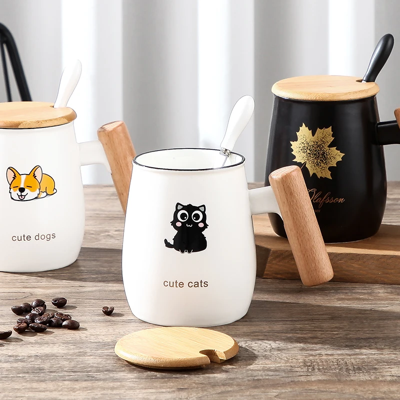 Новая креативная мультяшная керамическая кружка с деревянной ручкой крышка