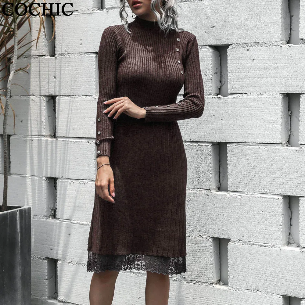 

Women Knit Dress Oblique Button Mid-tertleneck Solid Color Spring Autumn Winter Knitwear Lace Splice Woman Dresses