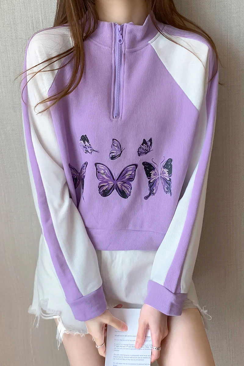 

Korean style long-sleeved sweatshirt women loose zipper stand-up collar top pullover fashion butterfly print solid color sweater