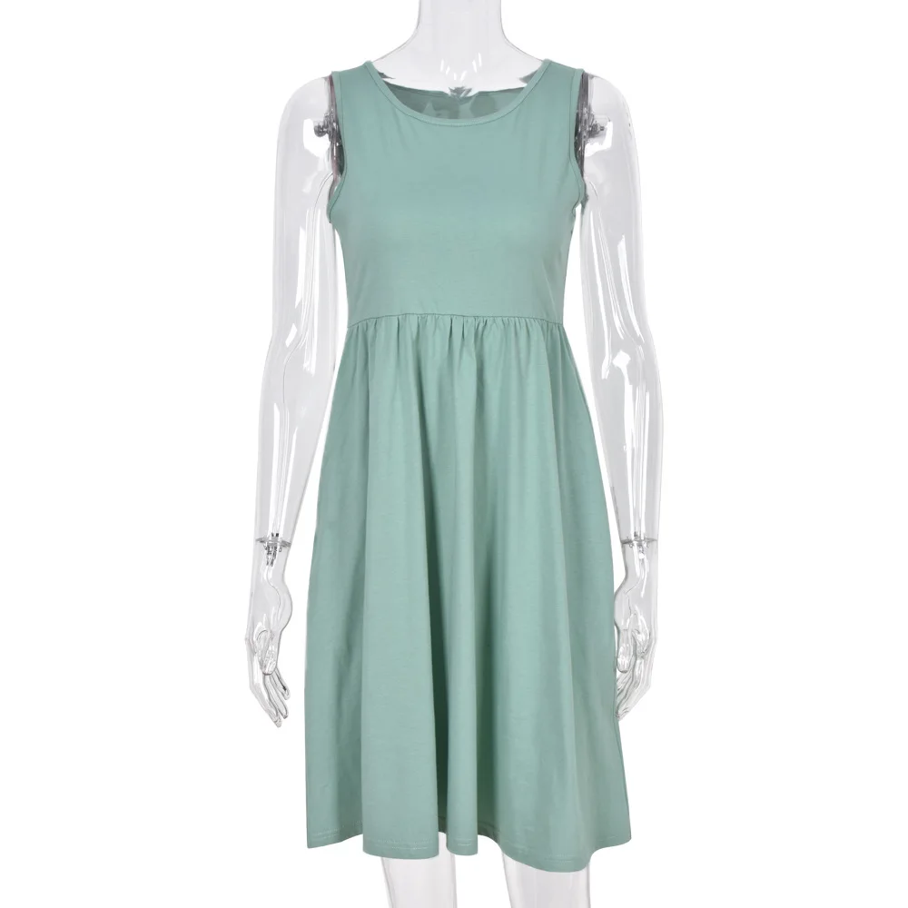 

Summer Casual Dress Women 2021 New Fashion O Neck High Waist Loose Big Swing Sleeveless Soild Color Beach Holiday Dress Vestidos