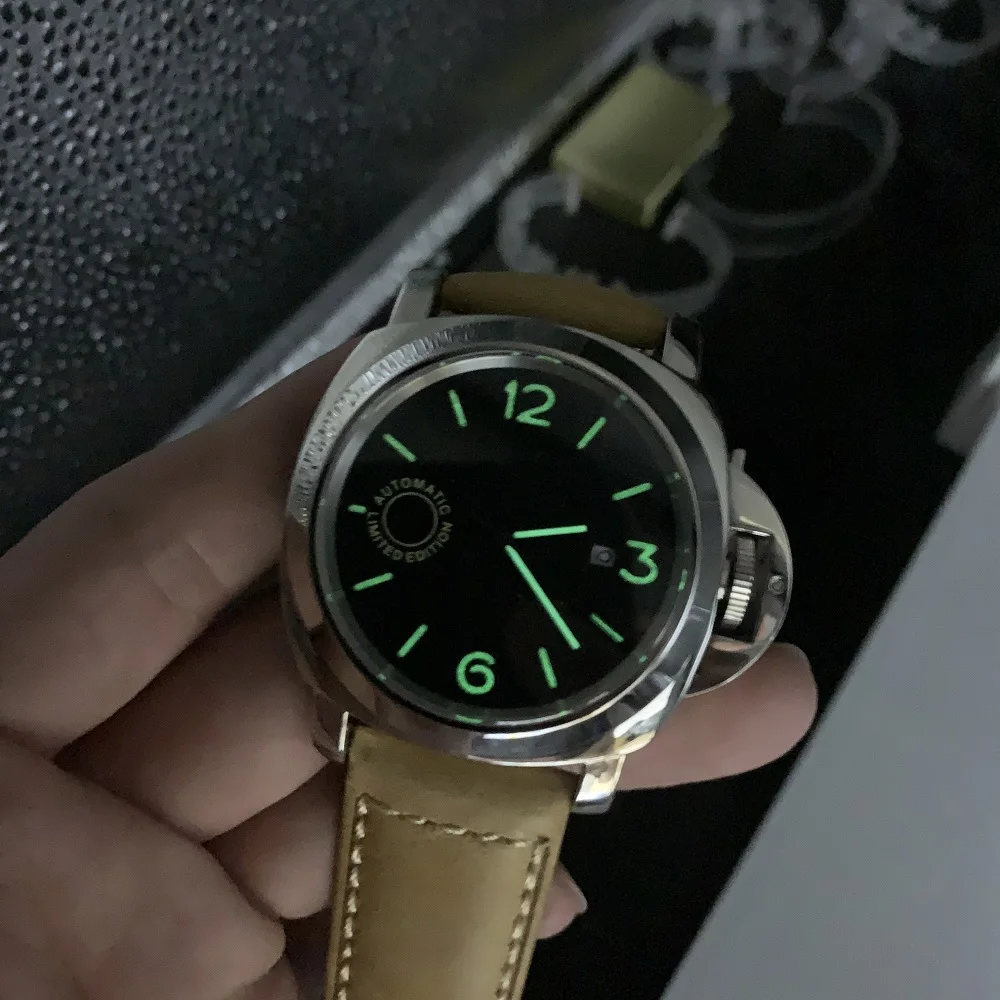 

Free shipping 44mm automatic watch black dial black stainless steel case leather strap mechanical men's watch