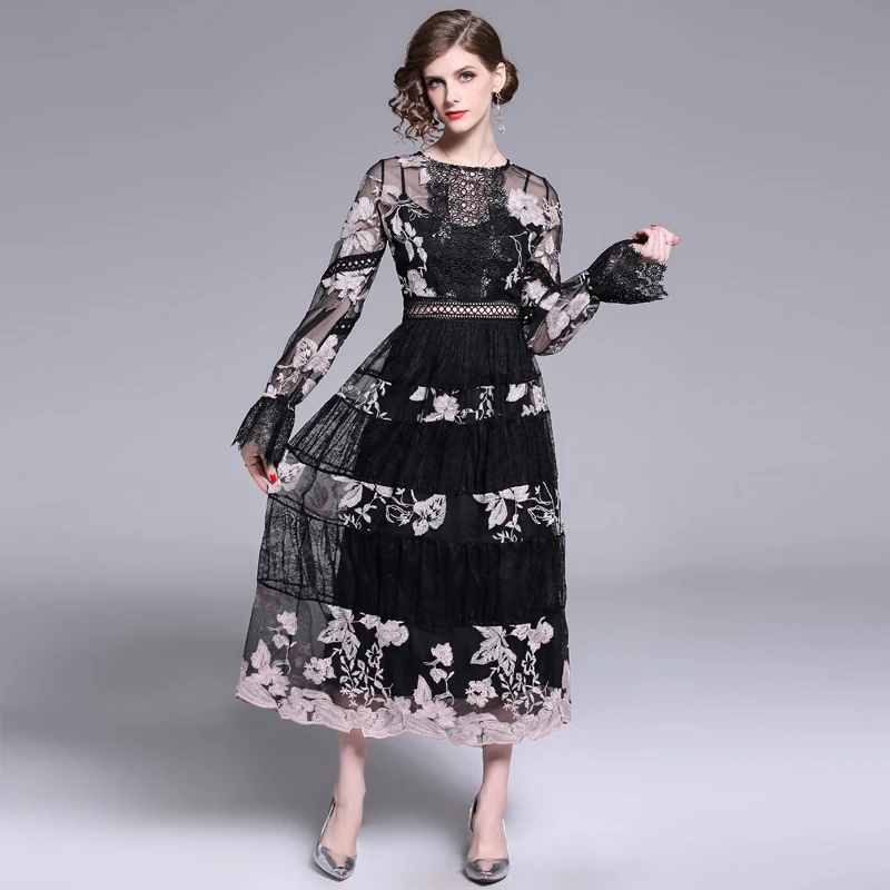 

Elegant Embroidery Tulle Mesh Patchwork Pink Floral Party Dress 2022 Spring Women Hollow Out Long Flare Sleeve Vintage Dress