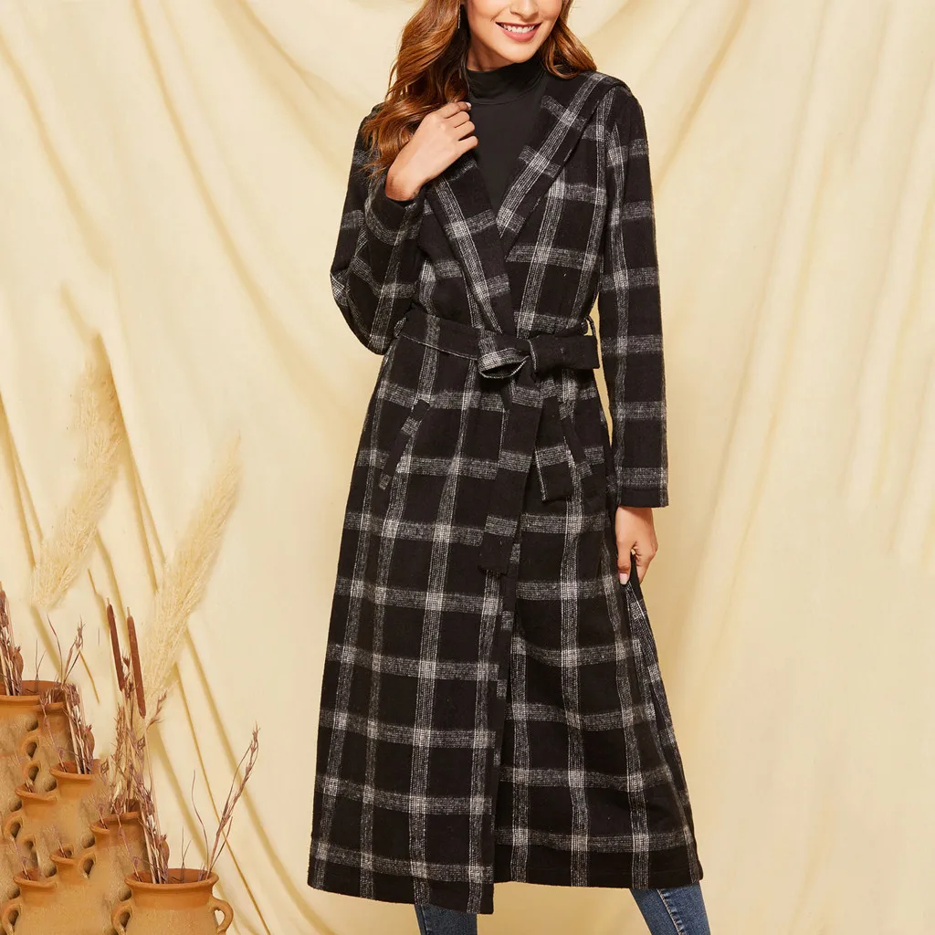 Fashion Winter Coat Women Ladies Sashes Plaid Long Cardigan Camouflage Long Sleeve Coat Outerwear Wool Coat пальто женское Z4