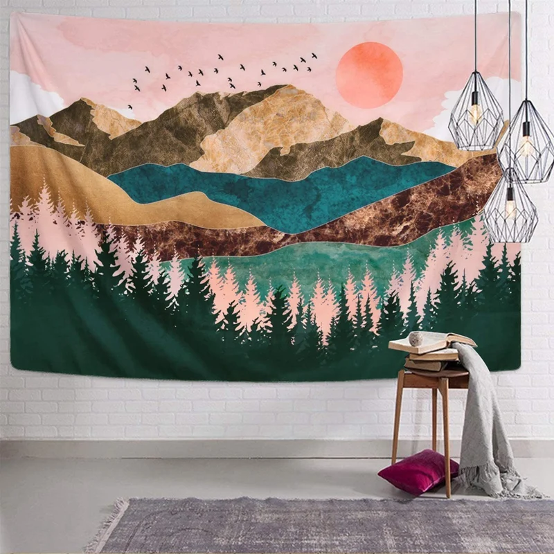 Mountain Tapestry Forest Tree Sunset Nature Landscape Wall Hanging For Room 59.1Inch | Дом и сад