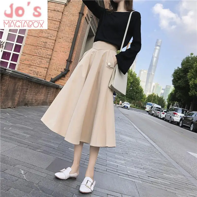 

Зимняя Повседневная однотонная женская юбка А-силуэта, винтажные женские юбки на пуговицах с высокой талией до середины икры, Милая женская...