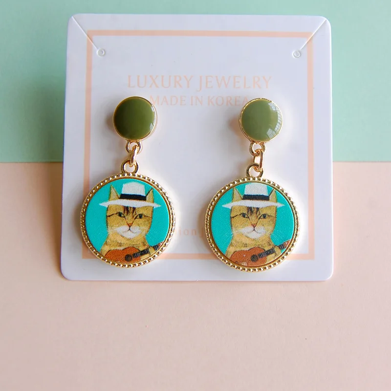 

Retro 3 Colors Oil Painting Cat Earrings Cute Dangel Jewelry Statement Drop Earrings for Women Girls Earrings Trendy Gift