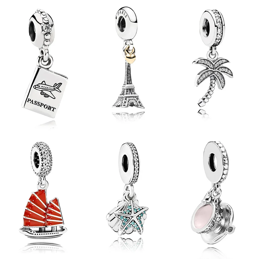 

6 Style 925 Sterling Silver Travel Theme Passport Aircraft Ship Starfish Beads For Women Charm Pandora Bracelet Jewelry