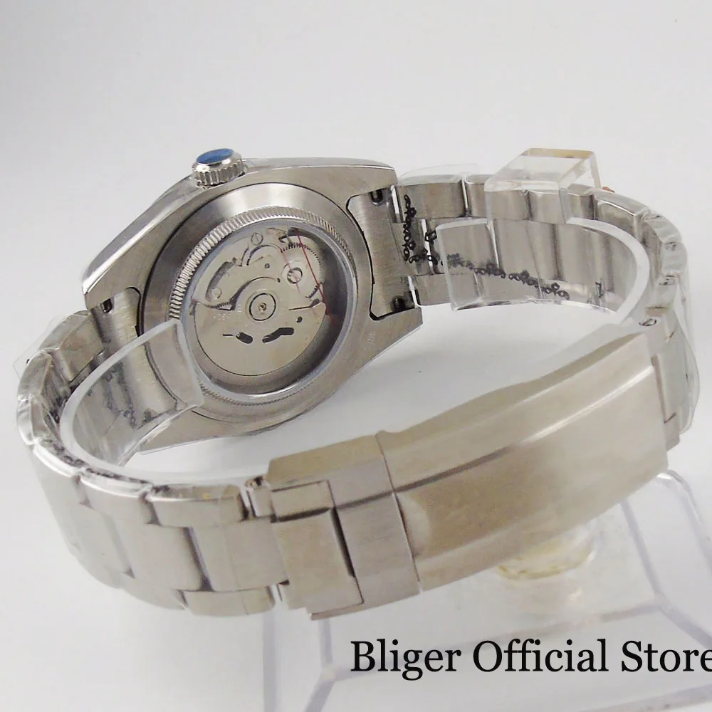 

BLIGER Automatic Men Watch Japan NH35 MIYOTA 8215 Green Second Hand Brushed Oyster Strap Flat Sapphire Crystal Seeing Back