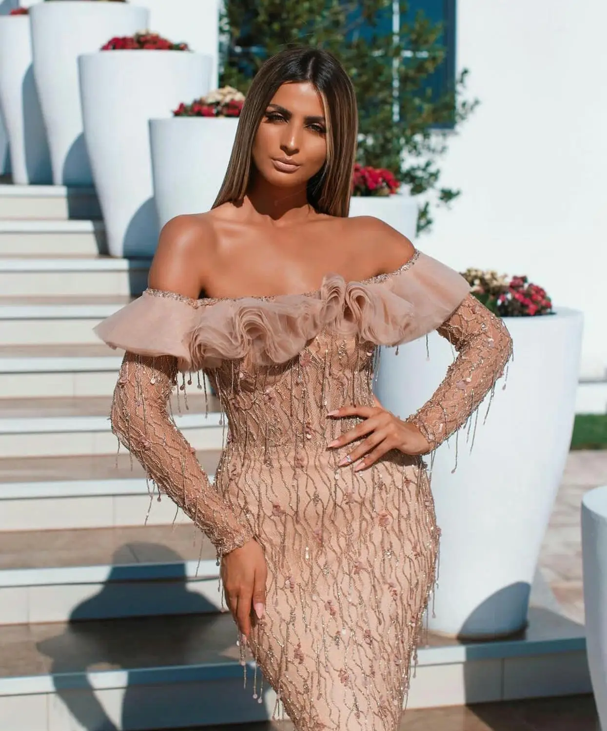 Luxury Beaded African Dubai Prom Dresses Long Sleeves Off Shoulder Mermaid Evening Dress Vintage Sexy Formal Party Gowns