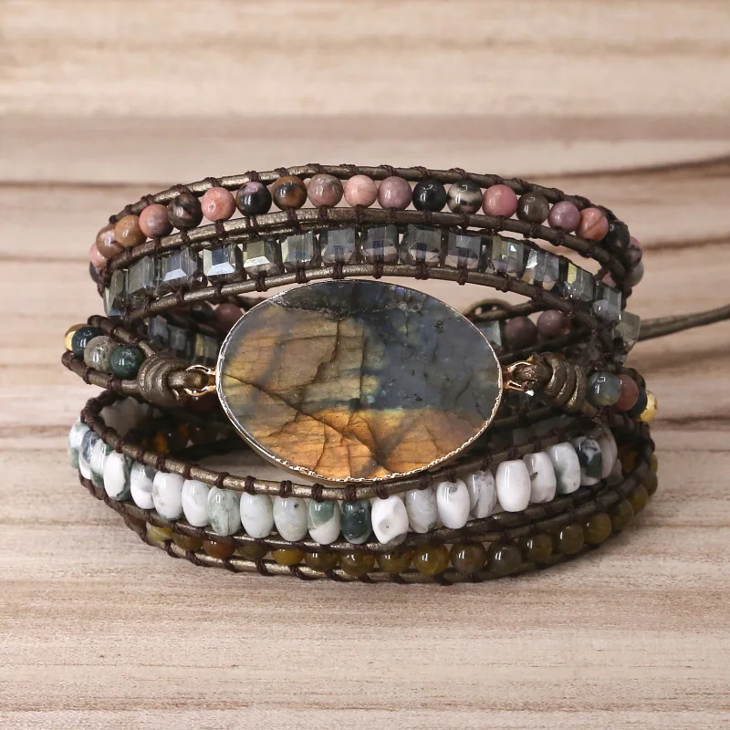 

High End Women Bracelets Gilded Labradorite Vintage Leather Wrap Bracelet Girl Holiday Bracelets Femme Gifts Dropship